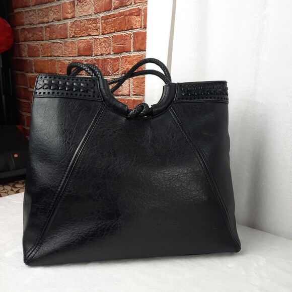 Black Braided Handle Vegan Faux Leather Shoulder Bag Multiple Compartments - Picture 1 of 12